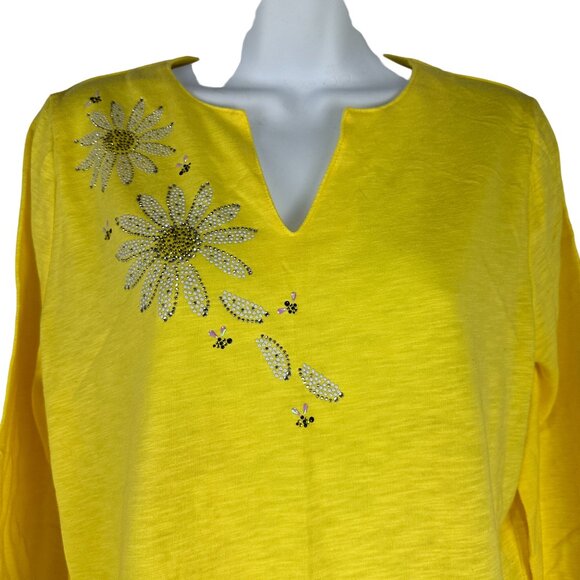 Decorated Originals Womens 3/4 Sleeve Yellow Top Rhinestone Daisy Design Size M - Picture 2 of 6